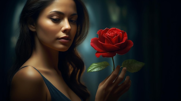 Photo beautiful girl holding rose in her hand generative ai