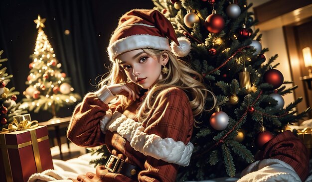 写真 クリスマスツリーの近くに立っているエレガントなnoelドレスを着た美しい女の子クリスマスの奇跡