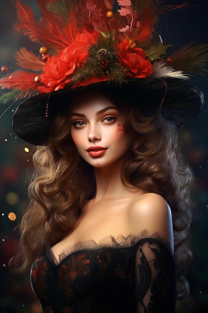 写真 秋の葉の花束をつけた帽子をかぶった美しい女の子