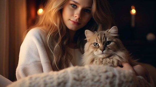 Фото Красивая девушка в вязанном свитере гладит кошку уютный вечер поколение ии