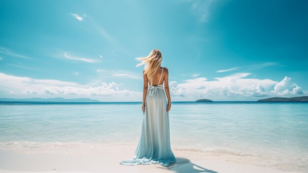 写真 ビーチで長い白いドレスを着た美しい女の子