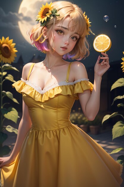 写真 ひまわりの花の壁紙の背景写真で飾られた黄色のドレスを着た美しい女の子