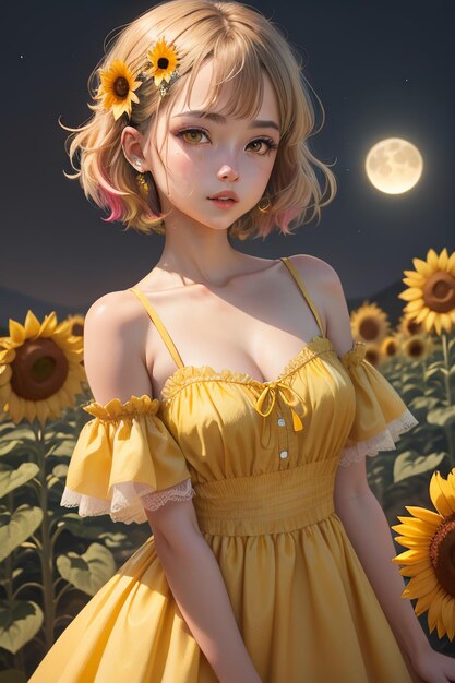 사진 해바라기 꽃 벽지 배경 사진으로 장식된 노란 드레스를 입은 아름다운 소녀