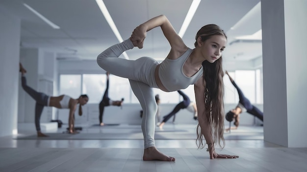 A beautiful girl is engaged in a yoga studio