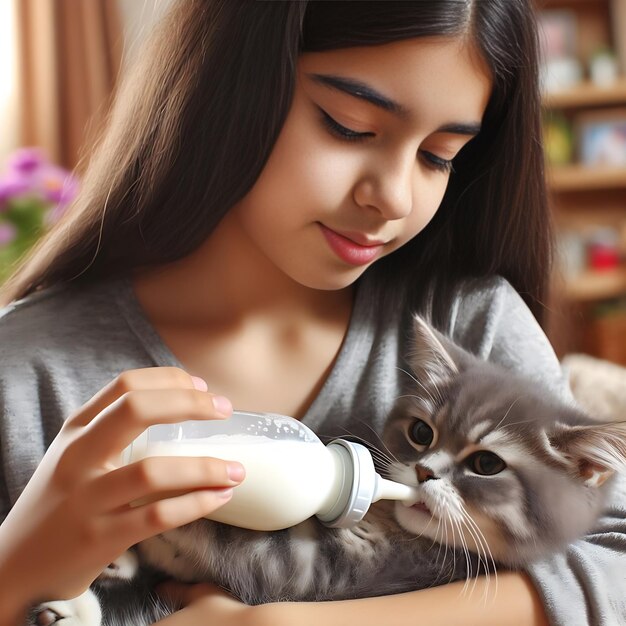 Photo a beautiful girl is milk feeding her pet cat