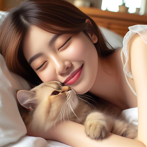 A beautiful girl is milk feeding her pet cat