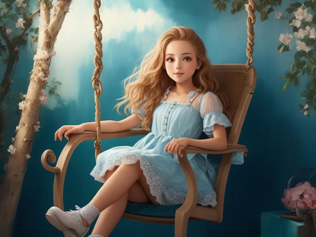 A beautiful girl is sitting on a chair and swinging