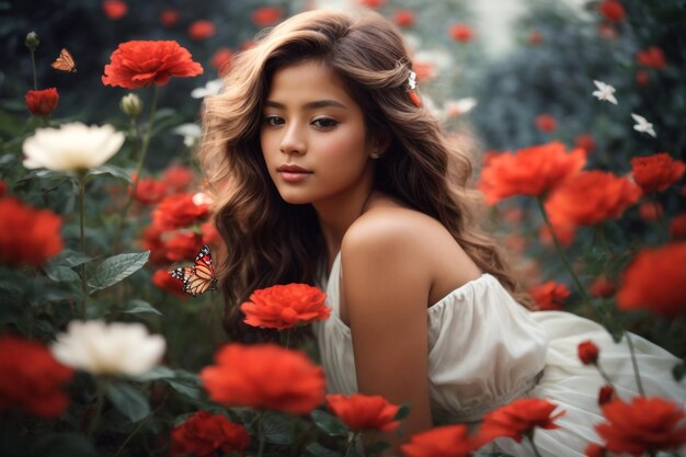 A beautiful girl is sitting in a flower garden