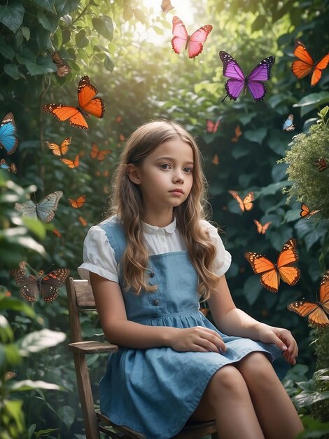A beautiful girl is sitting in a garden with butterflies flying by her side