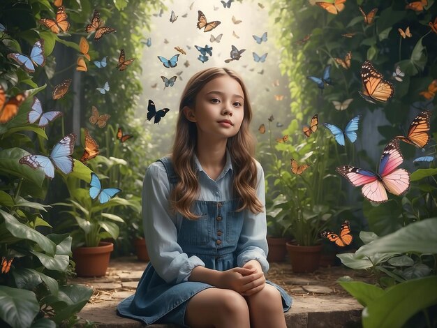 아름다운 소녀가 정원에 앉아 있으며, 나비들이 그녀의 에서 날고 있다.