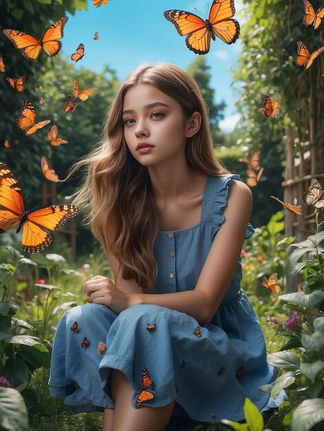 A beautiful girl is sitting in a garden with butterflies flying by her side