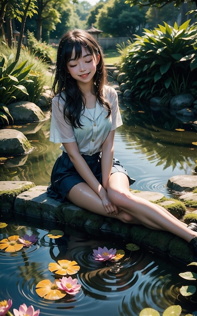 beautiful girl is sitting in the river soaked in her clothes Beautiful asian girl is sitting