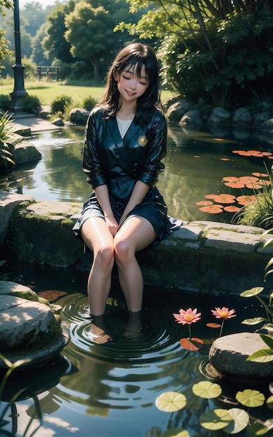 beautiful girl is sitting in the river soaked in her clothes Beautiful asian girl is sitting