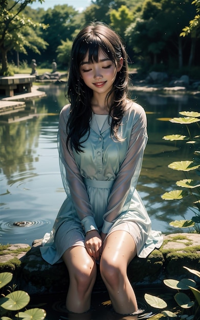 beautiful girl is sitting in the river soaked in her clothes Beautiful asian girl is sitting