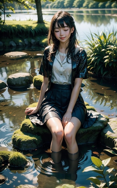 beautiful girl is sitting in the river soaked in her clothes Beautiful asian girl is sitting