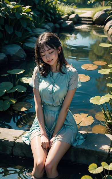 beautiful girl is sitting in the river soaked in her clothes Beautiful asian girl is sitting