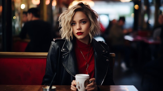 A Beautiful Girl is Sitting With Coffee in a Restaurant