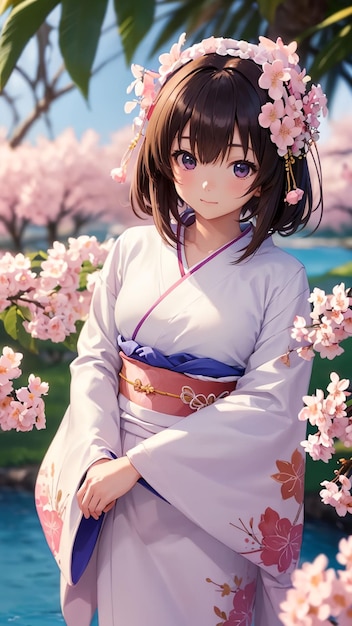 Beautiful girl japanese wearing kinmono anime art for mobile wallpaper