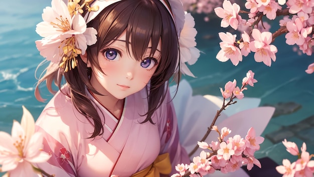 Beautiful girl japanese wearing kinmono anime art