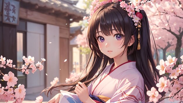 Photo beautiful girl japanese wearing kinmono anime art