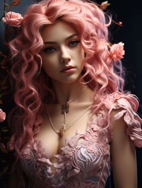 Beautiful girl in a lace dress with pink hair