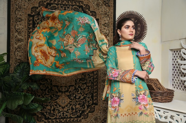 Beautiful Girl Landscape Waving Dupatta Wearing Traditional Dress for Fashion Shoot