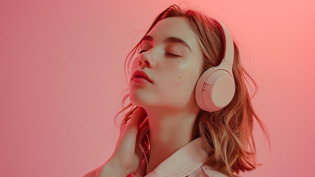 A beautiful girl listens to music in headphones