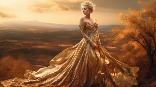 Beautiful girl in a long golden dress on the hills at sunsetgenerative ai