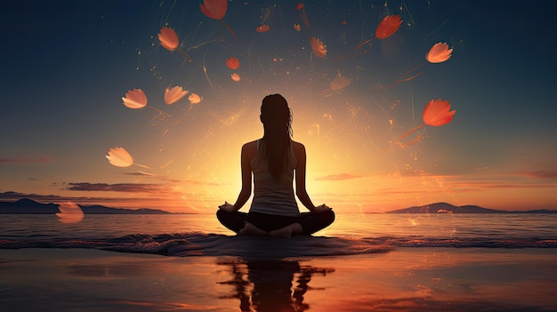 Photo beautiful girl in a lotus position on a beach at sunrise