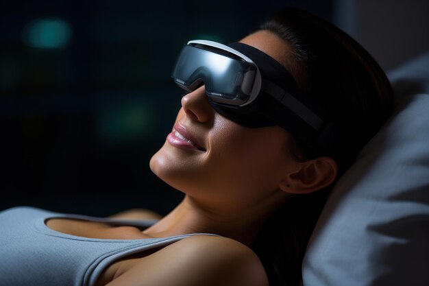 Beautiful girl lying in virtual reality glasses