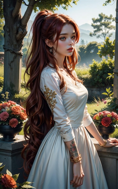中世風の美しい女の子 森の中の美しい中世風の服を着たアニメの女の子