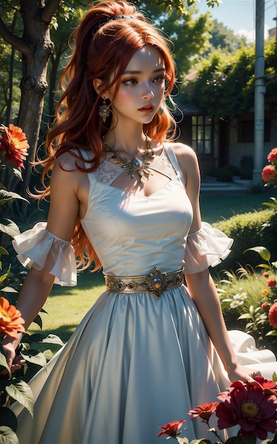 中世風の美しい女の子 森の中の美しい中世風の服を着たアニメの女の子