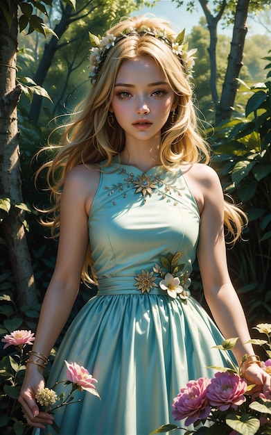 중세 스타일의 아름다운 소녀 숲에서 아름다운 중세 스타일의 옷을 입은 애니메이션 소녀