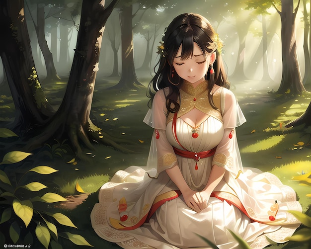 a beautiful girl meditating in a tranquil forest clearing Ai generated