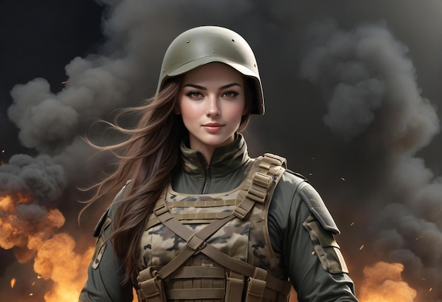 Photo beautiful girl in a military uniform on a background of fire