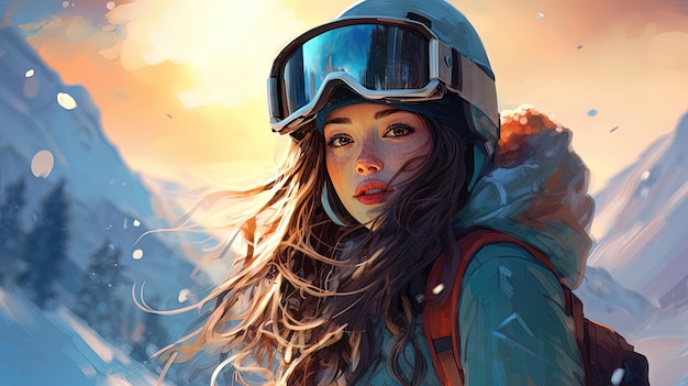 Beautiful girl in the mountains snowboarder AI generation