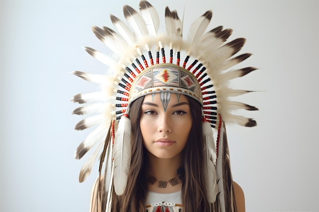 Foto bella ragazza indiana nativa americana con piume sulla testa