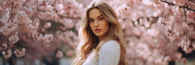 Beautiful girl near pink cherries in the garden Generative AI