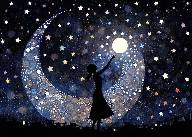 Beautiful girl in a night with moon and stars