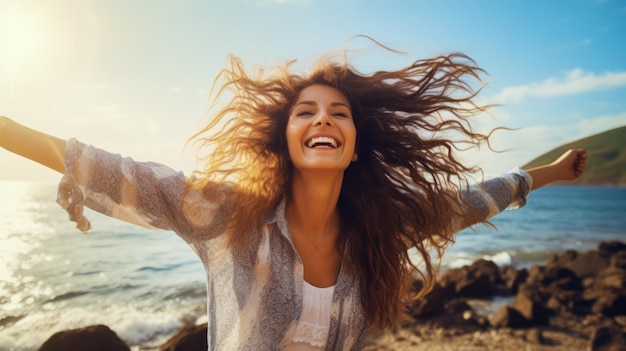 Foto bella ragazza, apri il braccio, sentiti libera e respira profondamente.