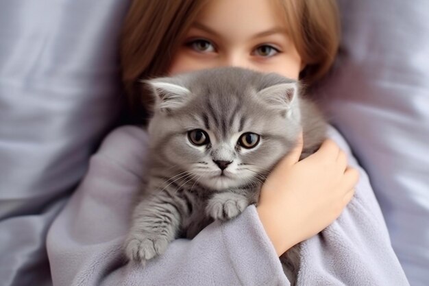 beautiful girl in pajamas holds her beloved pet in her arms Scottish kitten in the arms of the girl