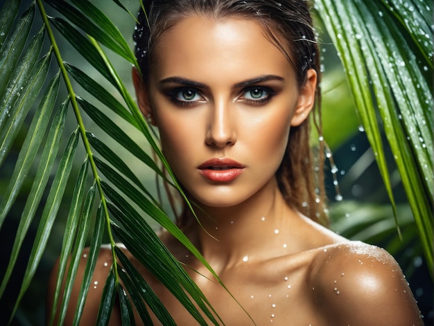 beautiful girl in palm leaves Beautiful young wet woman with Makeup Tropical Rain