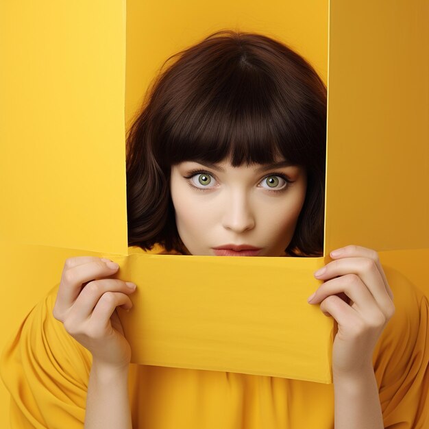 beautiful girl peeking over a yellow card