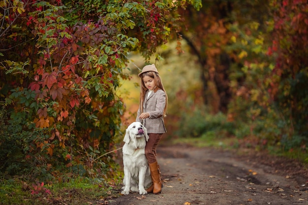 Beautiful girl and a pet retriever for a walk in the autumn park