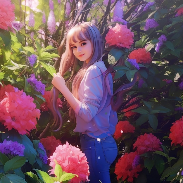 Beautiful girl in pink flowers and trees Young woman in Fantasy garden with flowers and trees