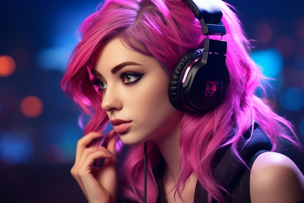 Beautiful girl pink hair gaming headphones