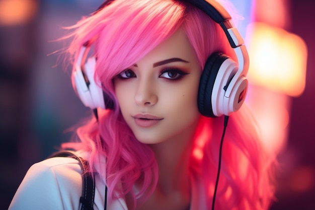 Красивая девушка с розовыми волосами в игровых наушниках