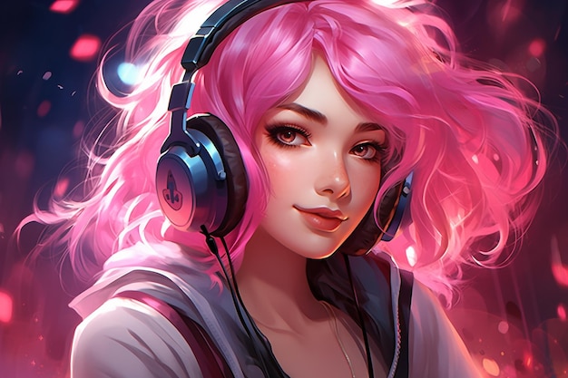 Beautiful girl pink hair gaming headphones