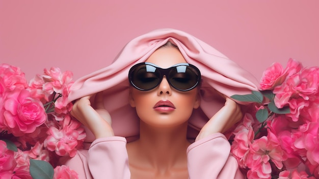 beautiful girl in pink wig and sunglasses