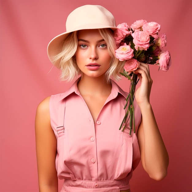 Beautiful girl in pink with makeup woman